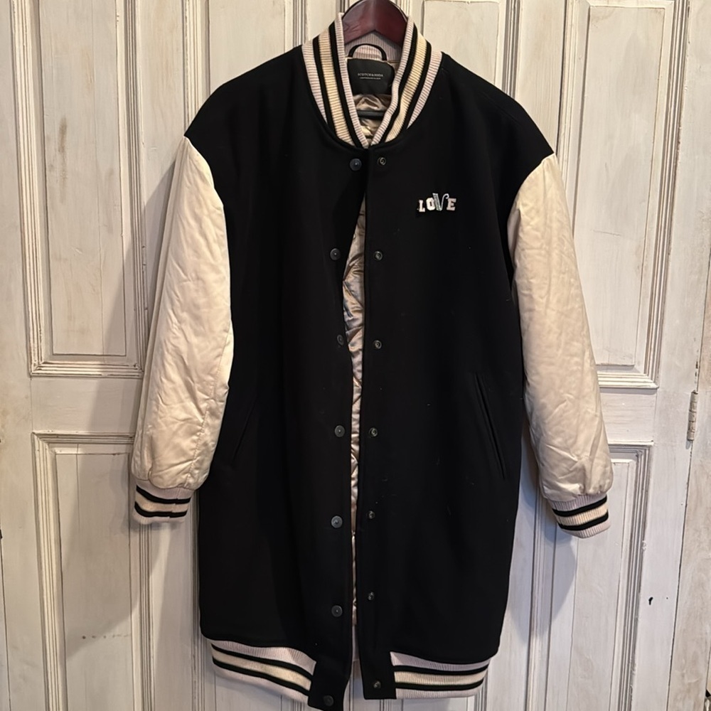NWOT Scotch & Soda Black longline wool blend varsity snap jacket